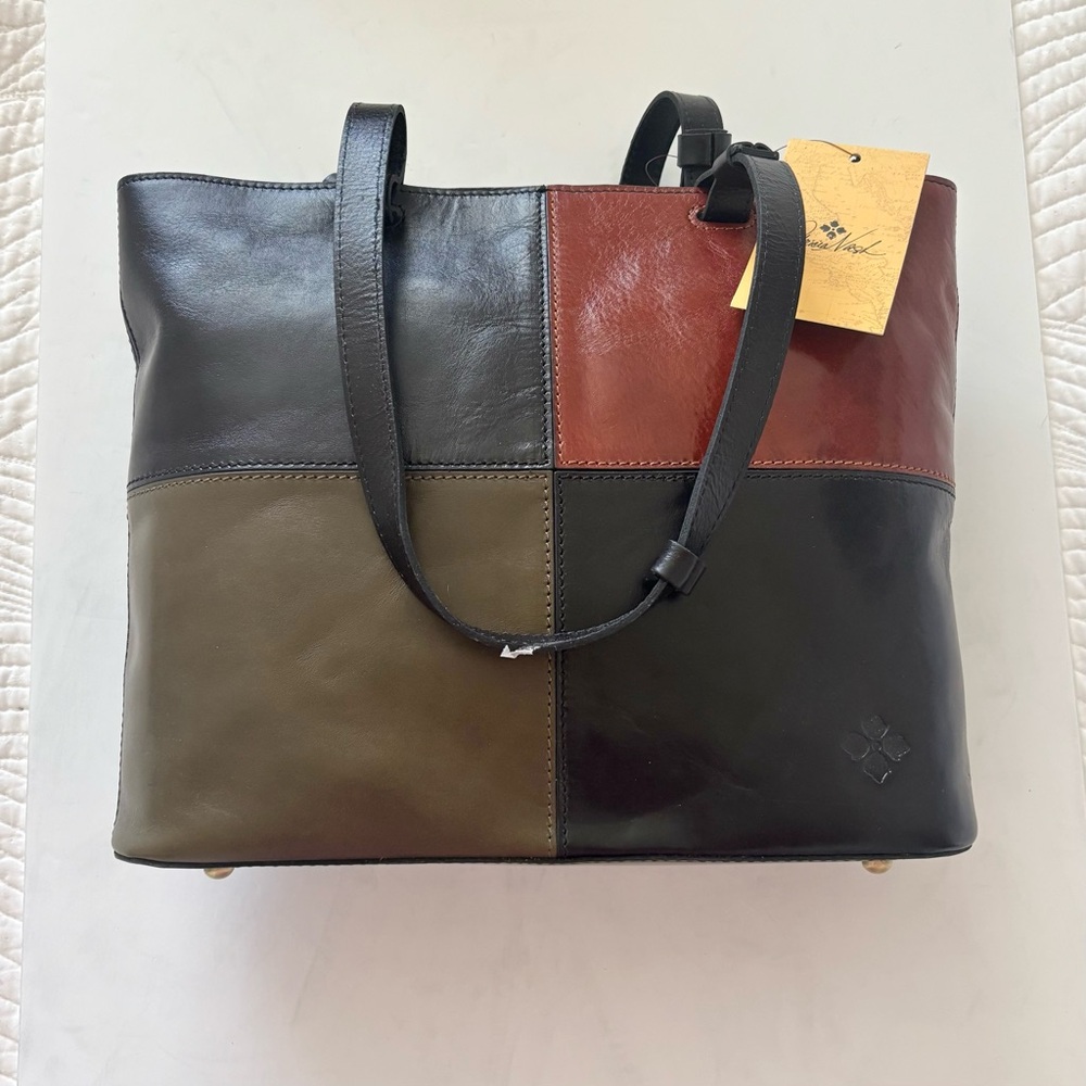 Patricia Nash British Vintage Braden Tote Bag Black Olive Colorblock Leather NEW - Picture 2 of 14